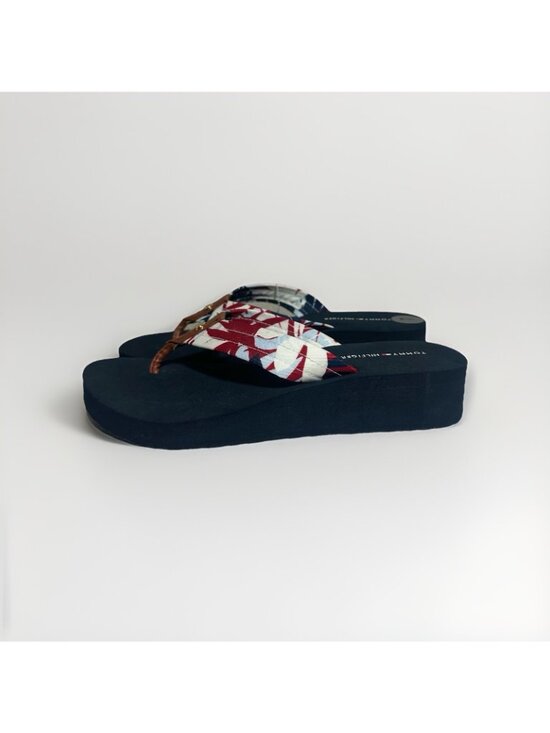 New Tommy Hilfiger Flip Flops Women’s 7 Navy Blue With Floral Print Wedge Heel - Picture 8 of 9